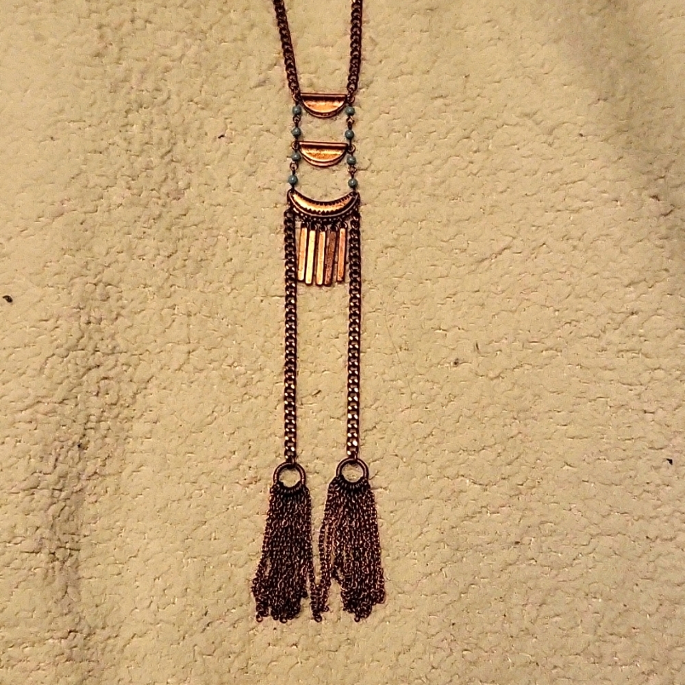 Copper tone necklace with blue beads & tassels